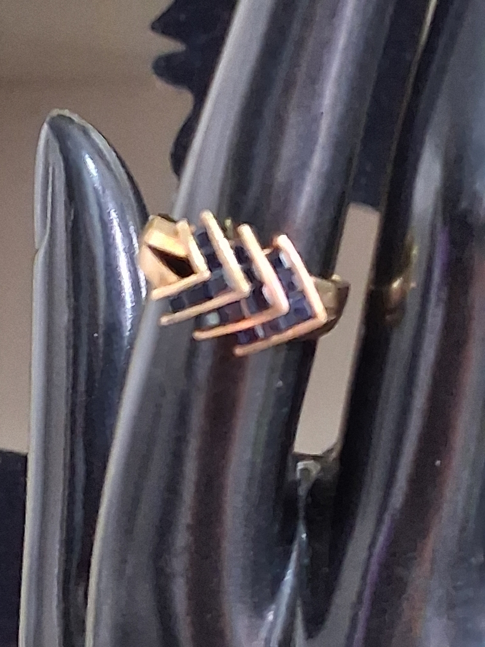 Vintage 14K Gold Sapphire Chevron Waterfall Cocktail Ring 14kt Statement Sz 6.5 - Picture 8 of 9
